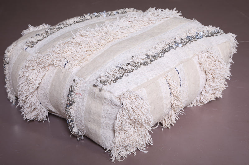 Two Moroccan Shaggy Poufs in White - Moroccan kilim pouf