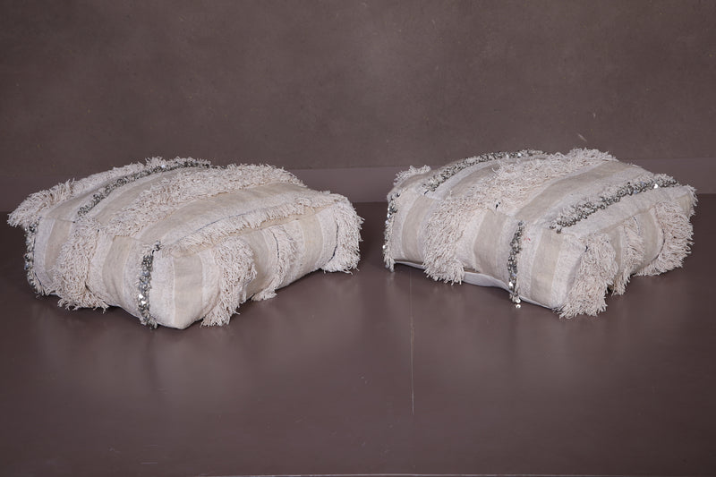 Two Moroccan Shaggy Poufs in White - Moroccan kilim pouf