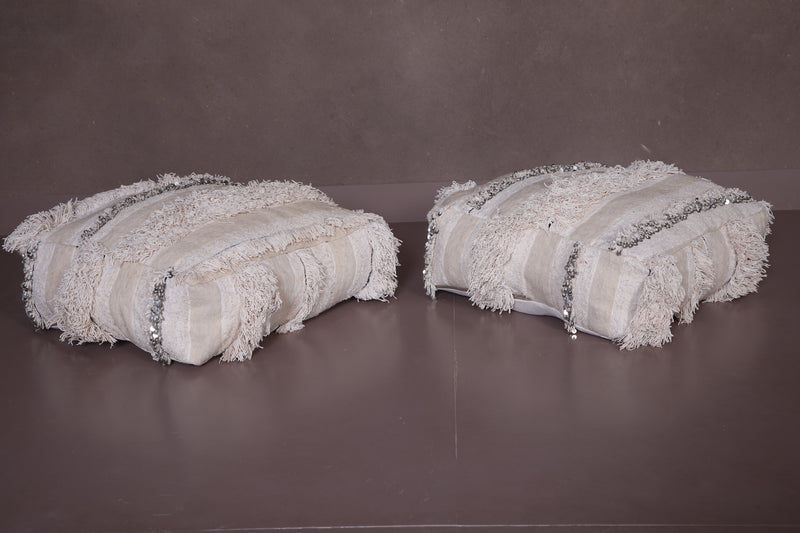 Two Moroccan Shaggy Poufs in White - Moroccan kilim pouf