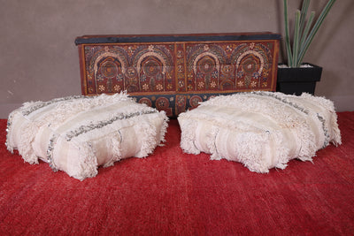 Two Moroccan Shaggy Poufs in White - Moroccan kilim pouf