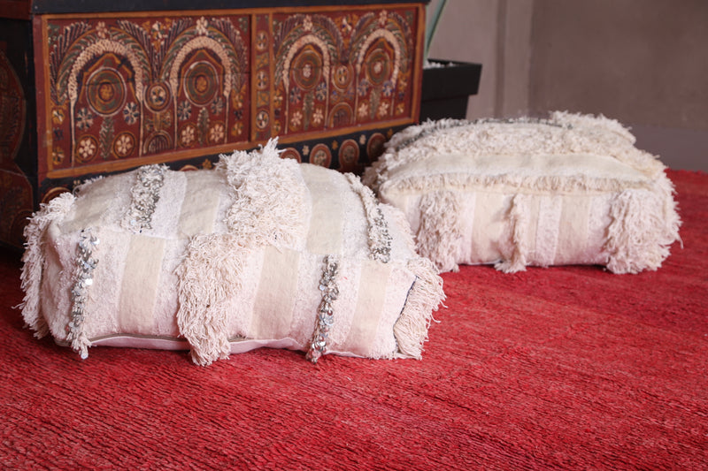 Two Moroccan Shaggy Poufs in White - Moroccan kilim pouf