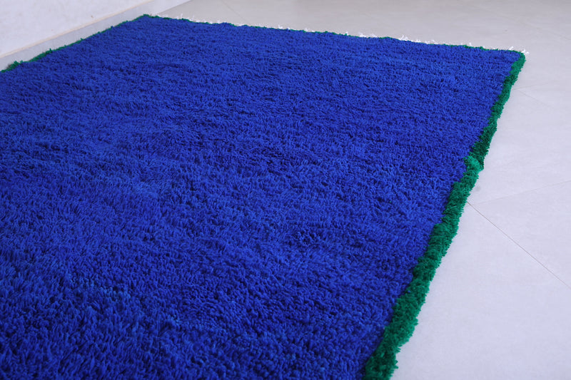 Blue rug & Green border - Moroccan plain blue rug - Blue carpet - Custom Rug