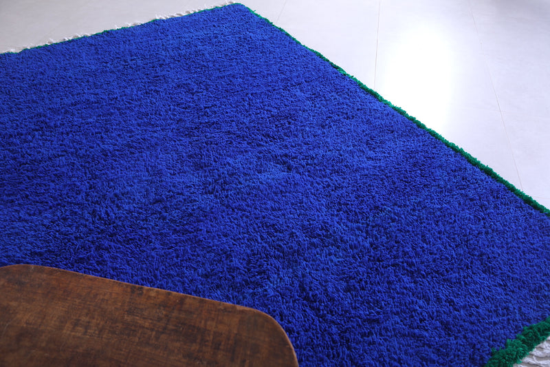 Blue rug & Green border - Moroccan plain blue rug - Blue carpet - Custom Rug