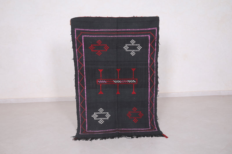 Black Moroccan Berber kilim rug 2.8 FT X 4.4 FT