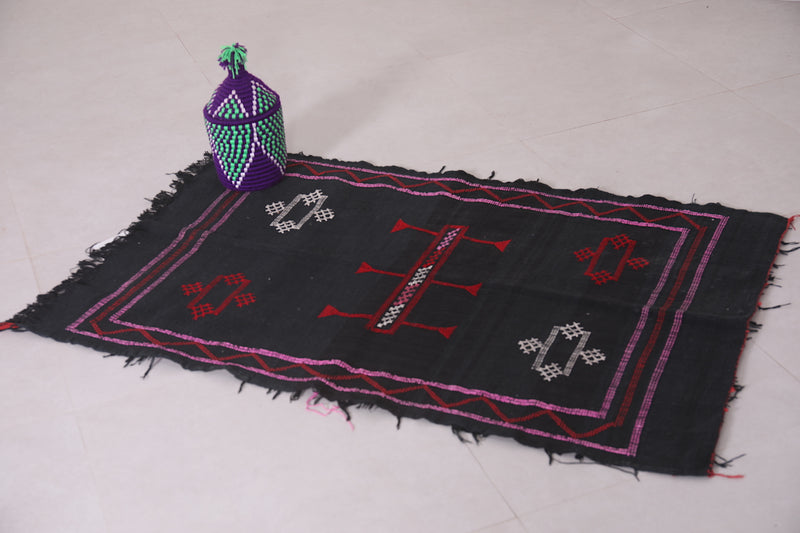 Black Moroccan Berber kilim rug 2.8 FT X 4.4 FT