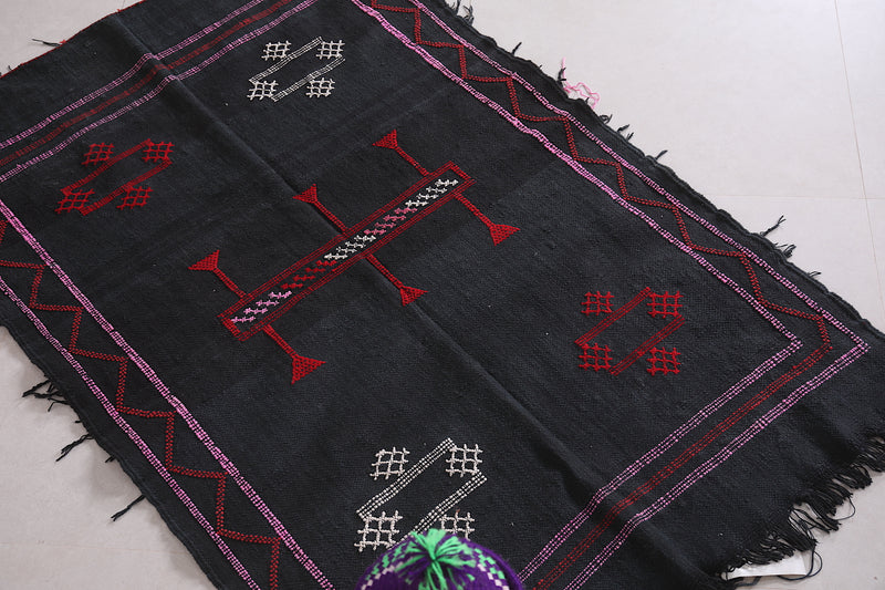 Black Moroccan Berber kilim rug 2.8 FT X 4.4 FT