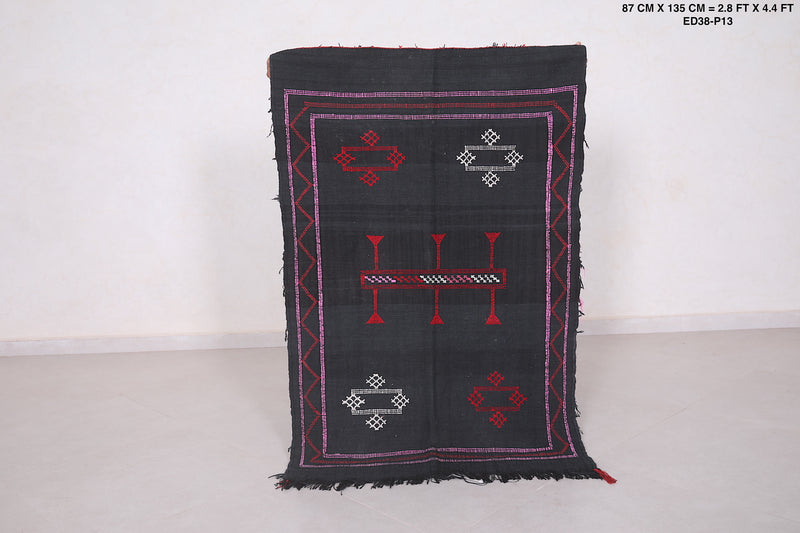 Black Moroccan Berber kilim rug 2.8 FT X 4.4 FT