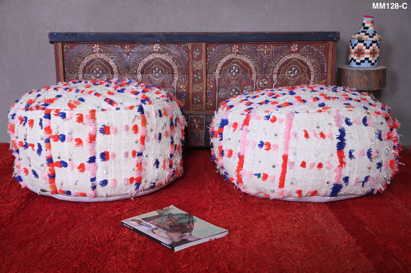 Two moroccan berber kilim round pouf