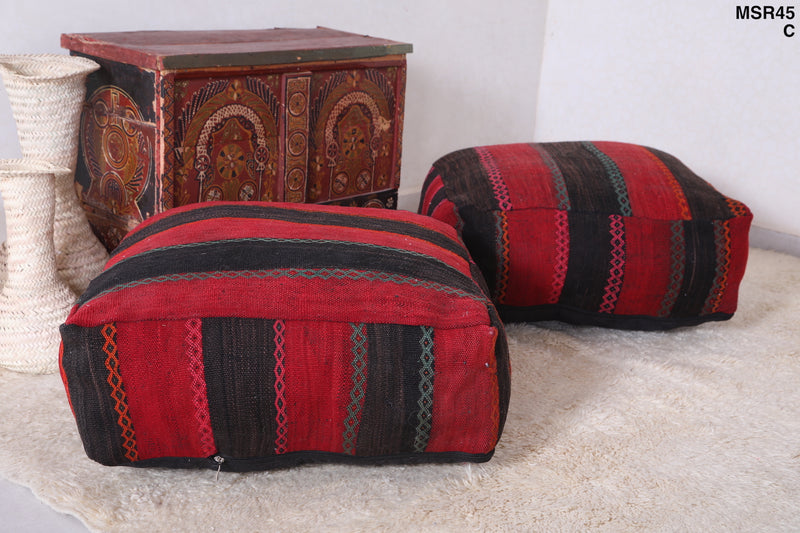 Two Dark Moroccan Ottoman Poufs for living room - kilim poufs