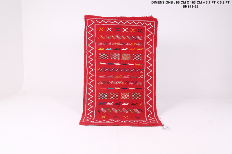 Handwoven Red Moroccan kilim 3.1 FT X 5.3 FT