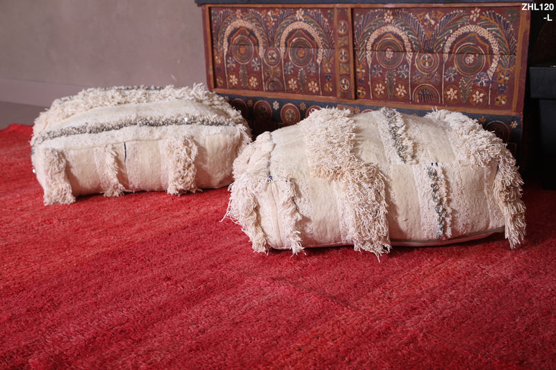 Two Moroccan Shaggy Poufs in White - Moroccan kilim pouf